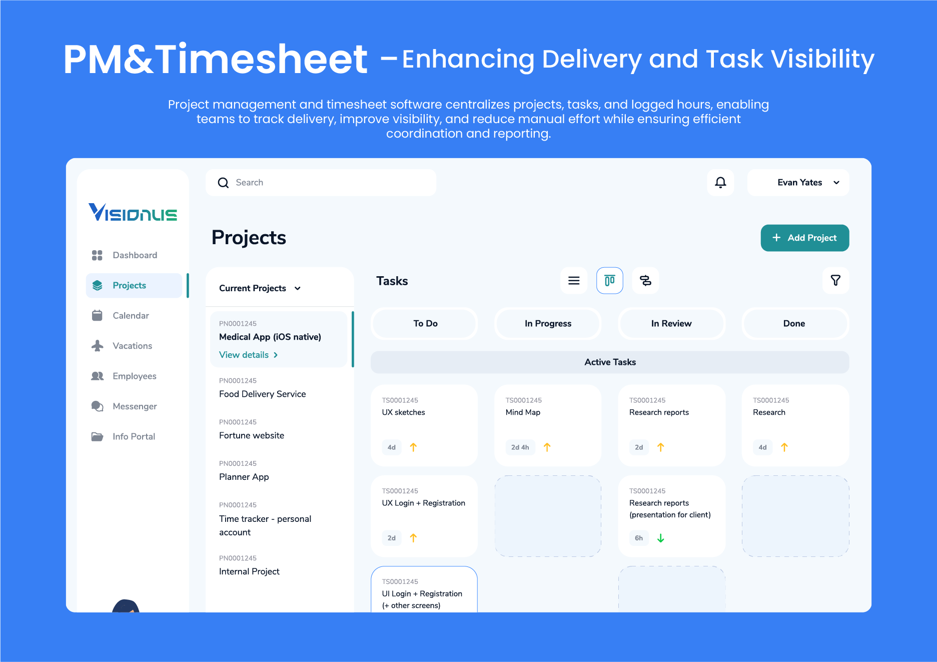 Visionus project management timesheet dashboard