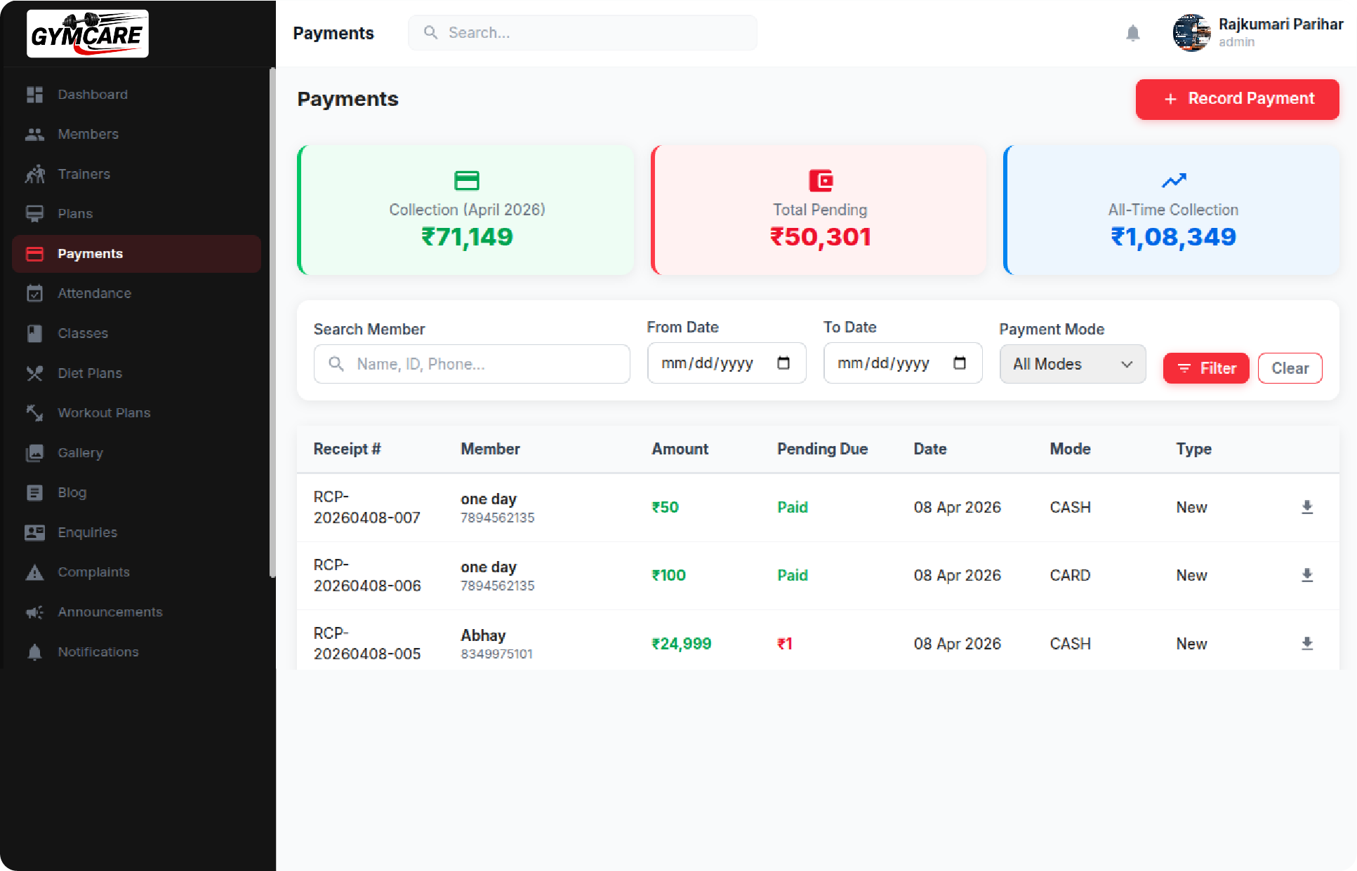 Gym Fees Payment Tracking and Billing Management Interface