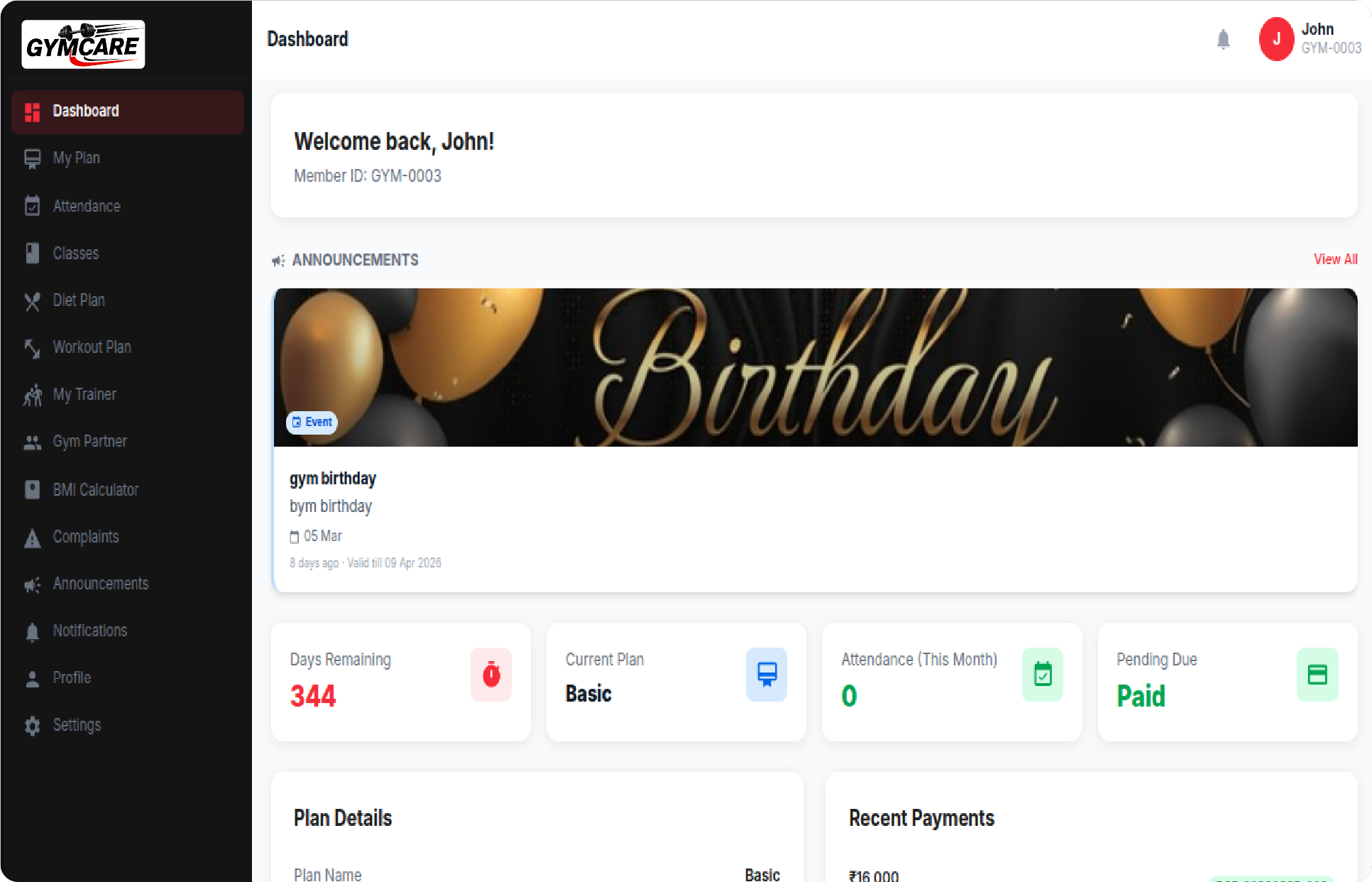 GymCare Member Portal Welcome Screen with Attendance and Plan Details